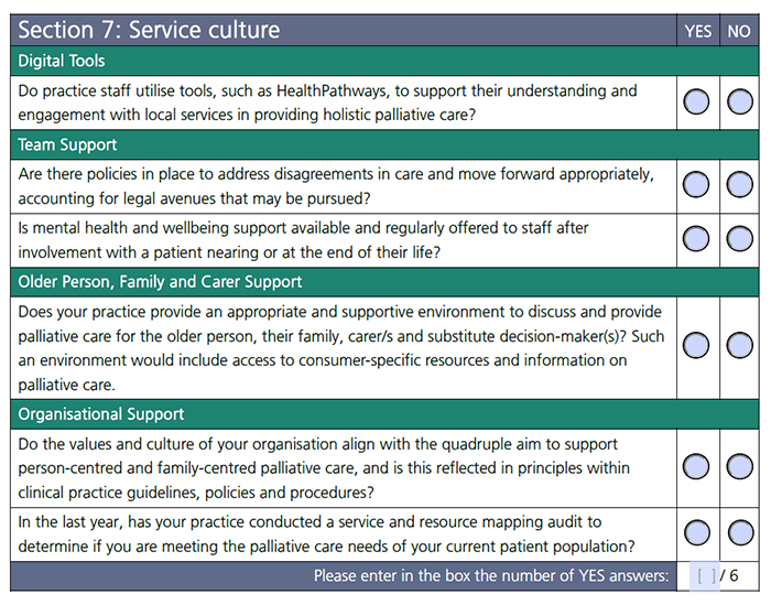 Screenshot of organisational self-assessment tool